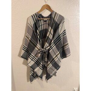 David & Young Plaid Belted Poncho Wrap Fall Batwing Oversized Lagenlook Sweater